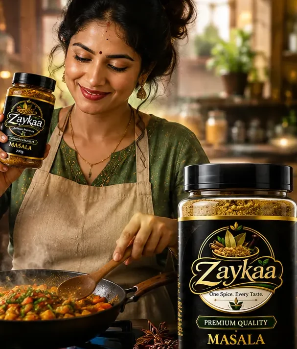 A home cook stirring a curry beside the ZAYKAA 250 g masala jar