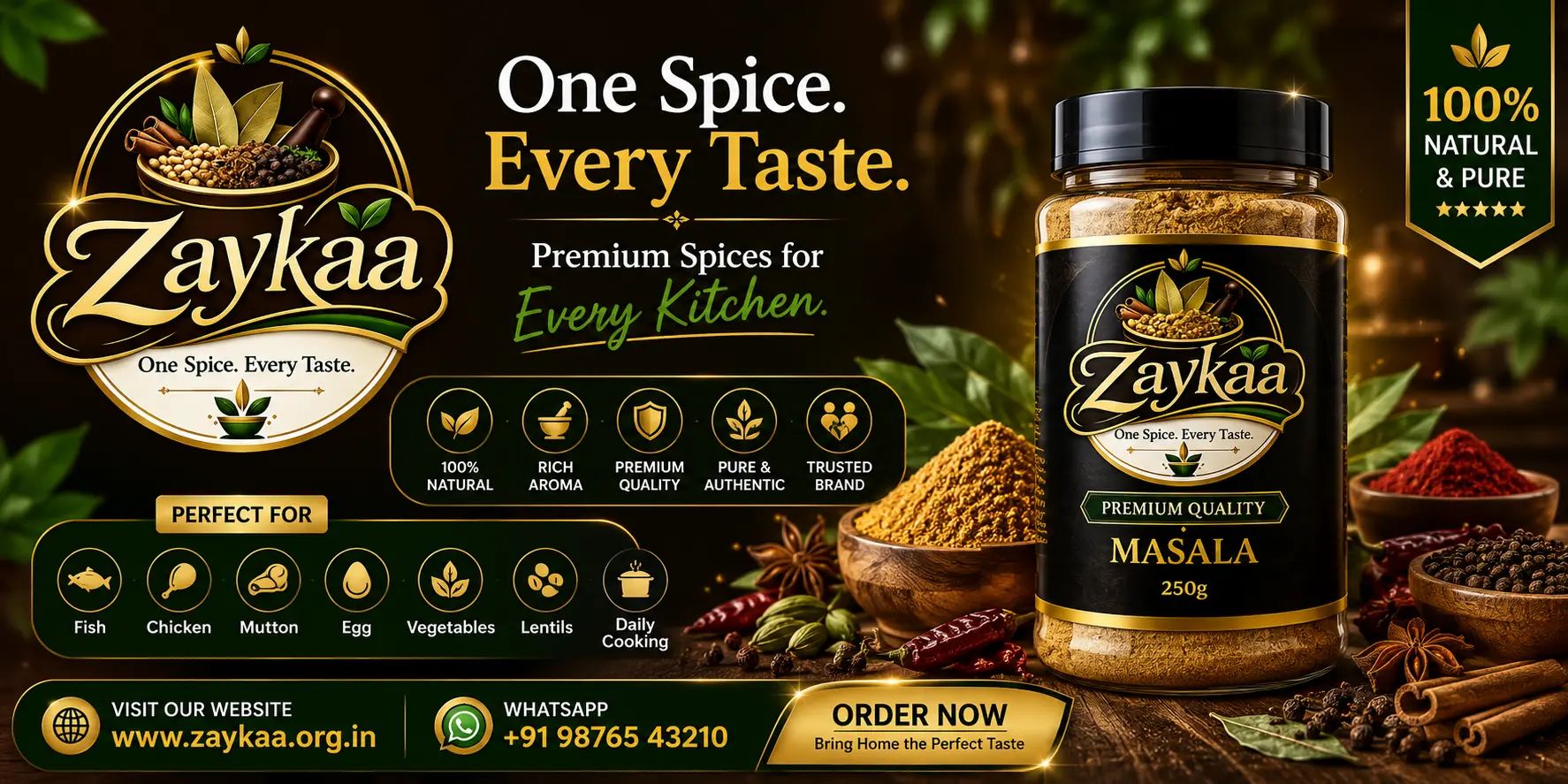 ZAYKAA 250 g premium masala jar surrounded by whole spices, with the perfect-for list